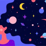 An illustration of a dark-haired woman dreaming of space