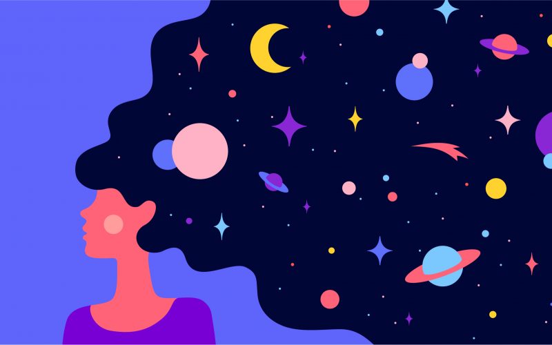 An illustration of a dark-haired woman dreaming of space