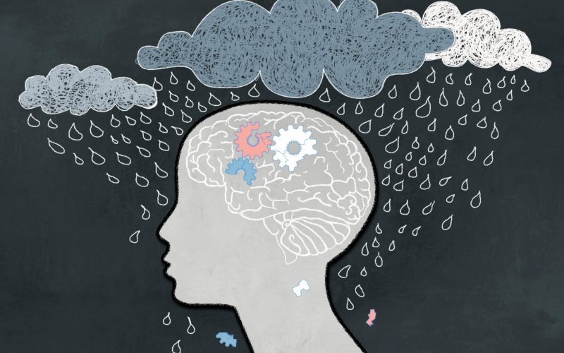 An illustration of the brain being clouded by rain.