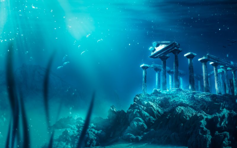 An illustration of an ancient temple submerged on the ocean floor