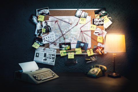 Photo illustration of a detective board with evidence, crime scene photos and map.