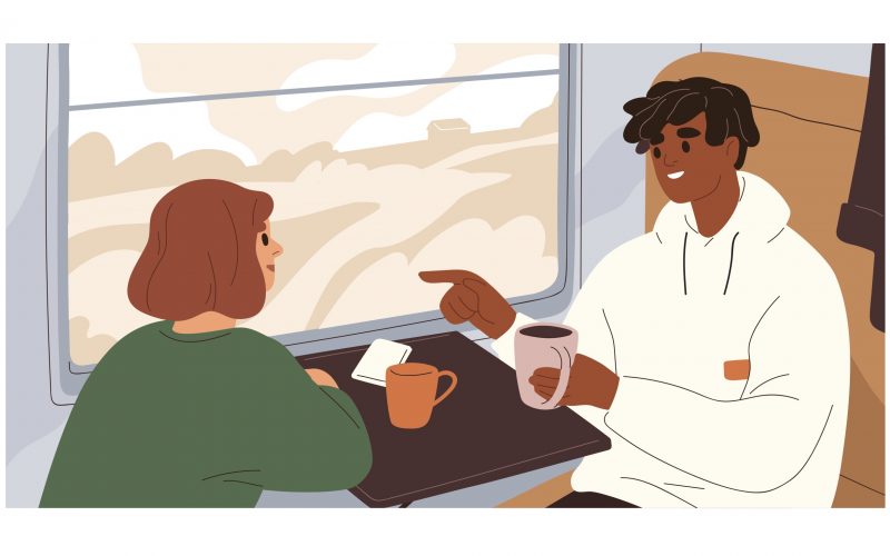 Photo illustration of passengers on a train talking and drinking coffee.