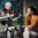 A young woman listens as a robot plays a violin