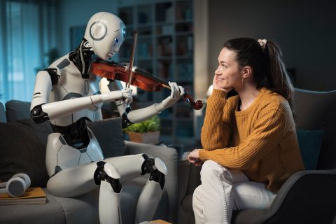 A young woman listens as a robot plays a violin